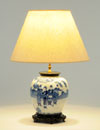 A CHINESE PORCELAIN BLUE AND WHITE OVOID JAR,<br> IN KANGXI STYLE, ADAPTED AS A TABLE LAMP